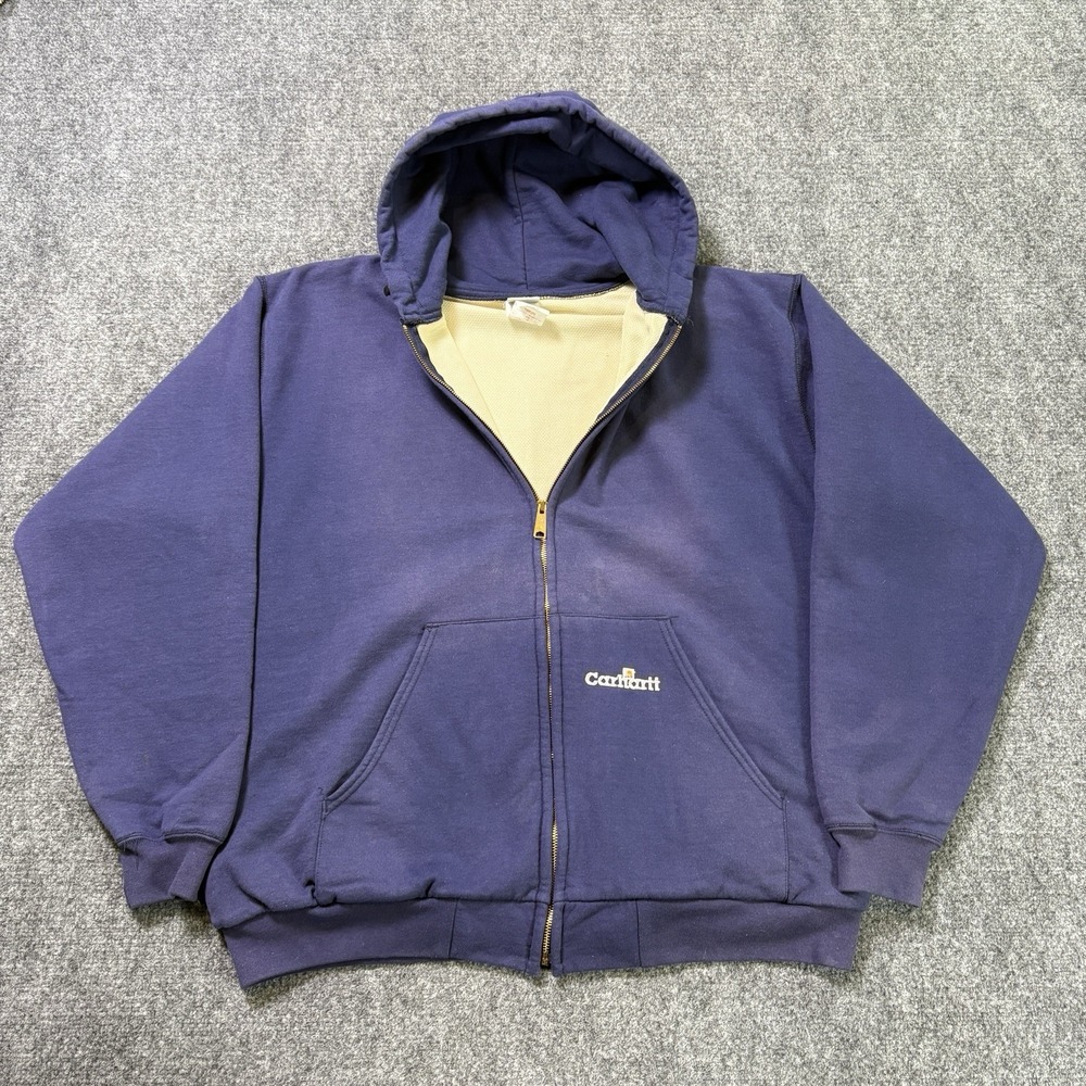 Vintage 90s Carhartt Thermal Lined Hoodie Mens XL Navy Blue Embroidered Full Zip